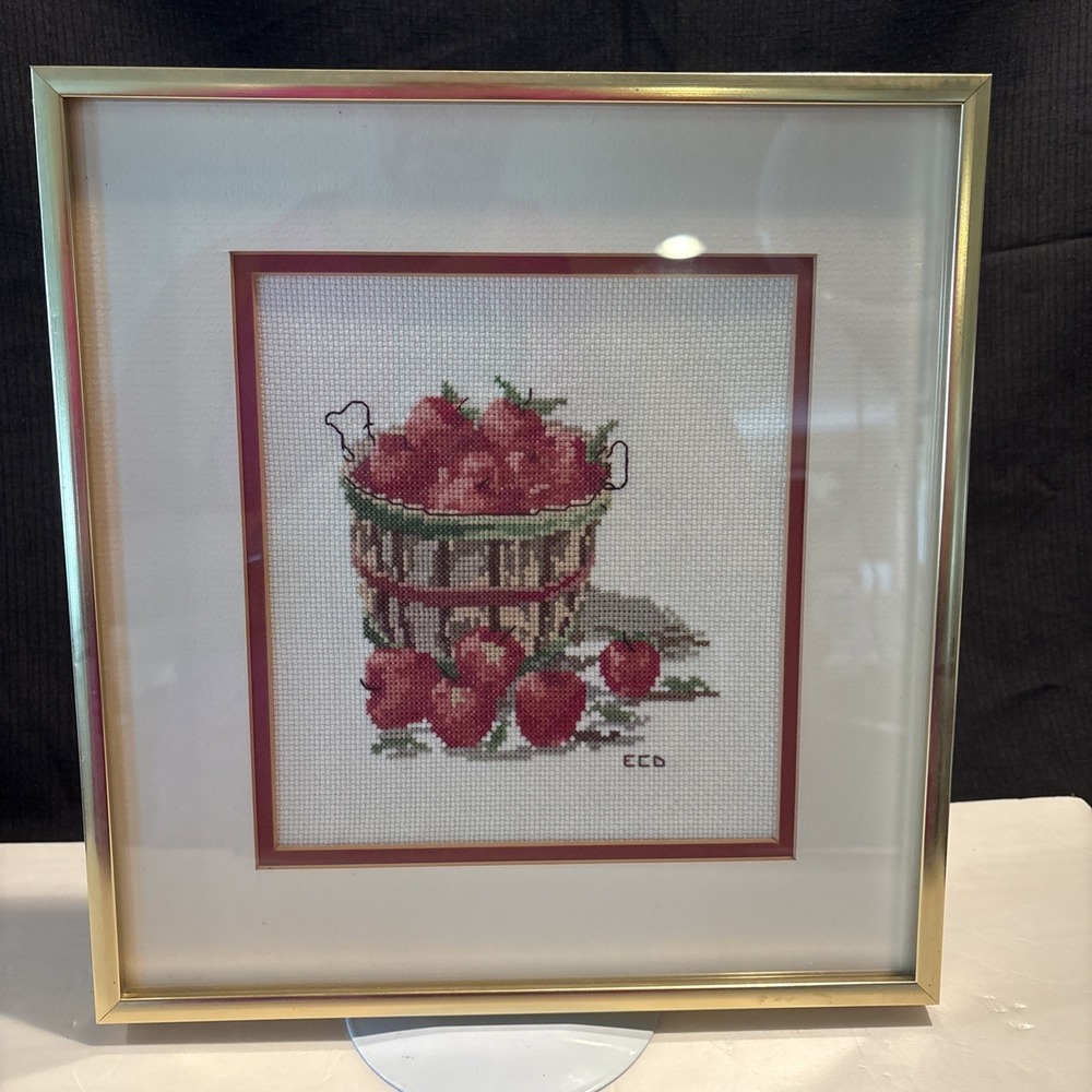 Vintage Needlepoint Framed Picture Apples In Basket Wall Art Decor